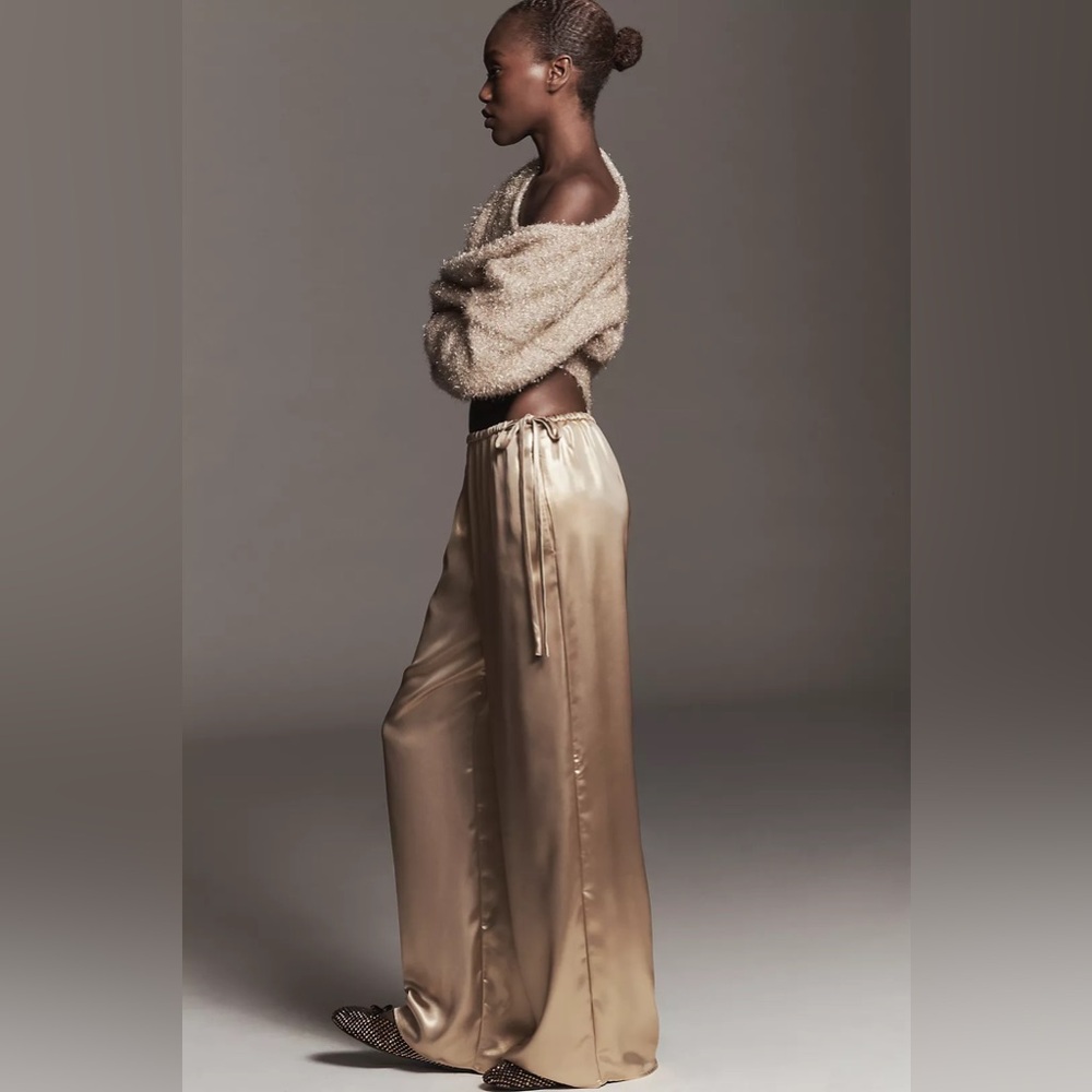 Anthropologie Maeve Liquid Shine Party Pull On Wide Leg Pants Gold XLarge BNWT